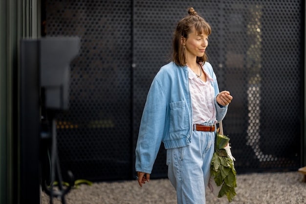 A fashionably dressed woman in a busy urban setting, wearing a stylish and eco-friendly outfit from a Spanish sustainable brand. She is walking with confidence, showcasing the versatility and appeal of sustainable clothing in everyday life. The background blurs the city, emphasizing the woman and her conscious fashion choice.