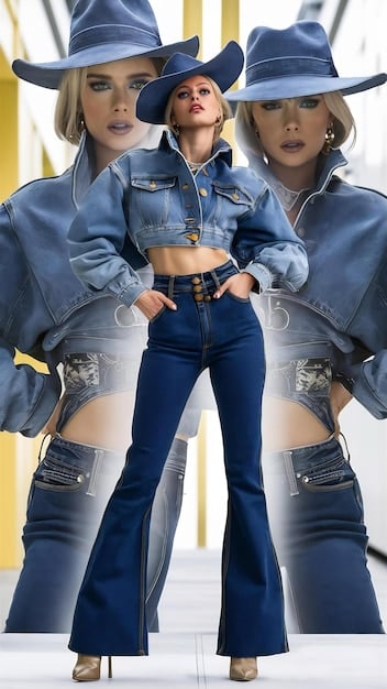 A collage showing different eras of bell-bottom jeans fashion from the 1960s to the 2000s. Each image showcases a distinct style, fabric (denim, corduroy, velvet), and occasion (casual, formal, festival).