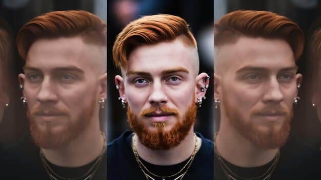 A collage showing examples of haircuts for round faces, including a textured quiff, a high fade with volume on top, and a disconnected undercut.