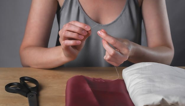 A close-up shot of a man's hands carefully inspecting the seams and fabric of a second-hand shirt in a thrift store. The lighting is focused on the fabric, highlighting the texture and potential flaws.