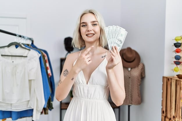 A woman joyfully showcasing a dress she bought during a SHEIN flash sale, highlighting the excitement of saving money on fashion.