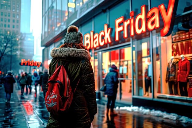 A crowded electronics store during Black Friday, with people rushing to grab discounted gadgets. Banners and signs advertising special deals are visible throughout the store.
