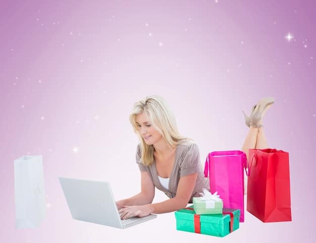 A woman happily browsing through the SHEIN website on her laptop, with shopping bags scattered around her. The website displays sale banners and product images with discounted prices.