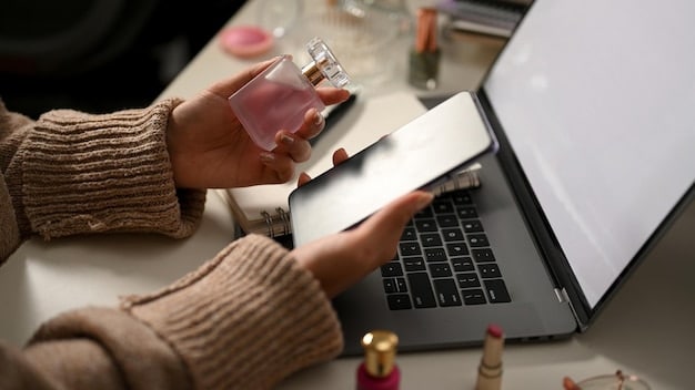 A person using a laptop to compare perfume prices on different e-commerce websites, with a focus on the comparative price listings displayed on the screen.