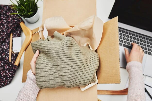 An image displaying a neatly packed SHEIN return package. The package should have a return label clearly visible and include a printed copy of the return confirmation inside a protective sleeve. The overall presentation should convey organization and attention to detail.