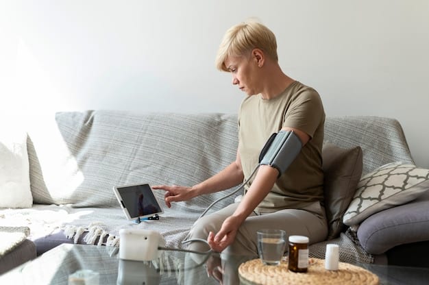 A person using a blood pressure monitor at home, with a smartphone nearby displaying the results. The setting is a comfortable living room.