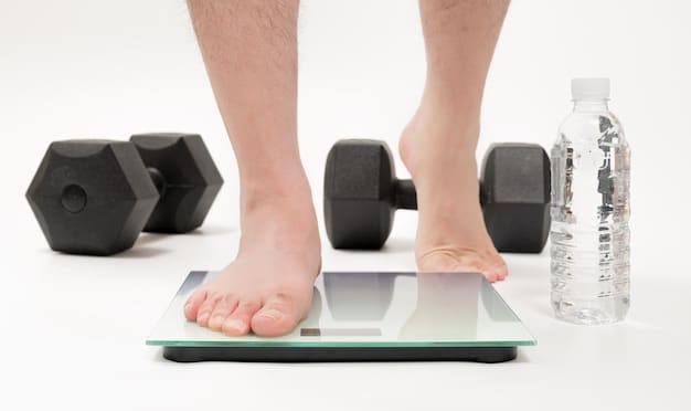 A close-up of a smart scale displaying body composition metrics like fat percentage, muscle mass, and water percentage. The person's feet are visible on the scale.