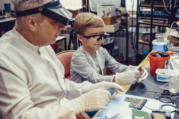A medium shot of engineers in a lab, examining circuit boards and electronic components beneath a magnifying glass. They are working on designing more recyclable and sustainable gadgets, reflecting the impact of the new law on manufacturing processes.