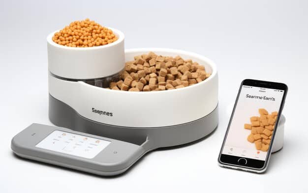 A smart pet feeder dispensing food into a bowl, focusing on the technology and design features such as portion control and scheduled feeding times.