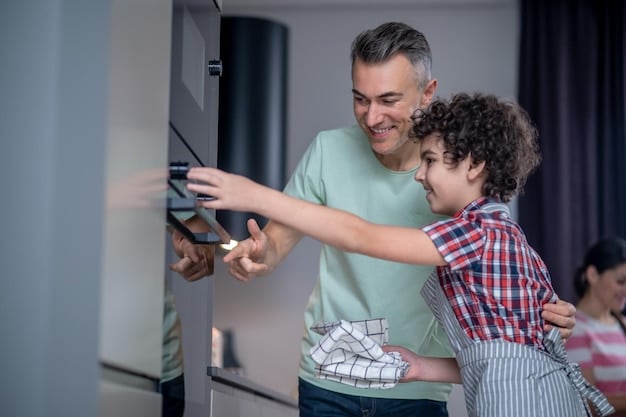A Spanish family interacting with a smart kitchen appliance, such as a smart refrigerator that suggests recipes based on available ingredients and dietary preferences. The kitchen is equipped with modern, AI-powered cooking devices that automate meal preparation, showcasing the integration of technology and familial life.