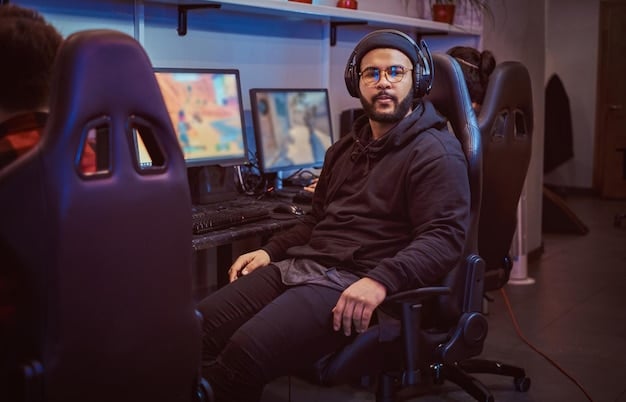 A gamer sitting comfortably in an ergonomic gaming chair with adjustable lumbar support and headrest, playing a video game on a large monitor.
