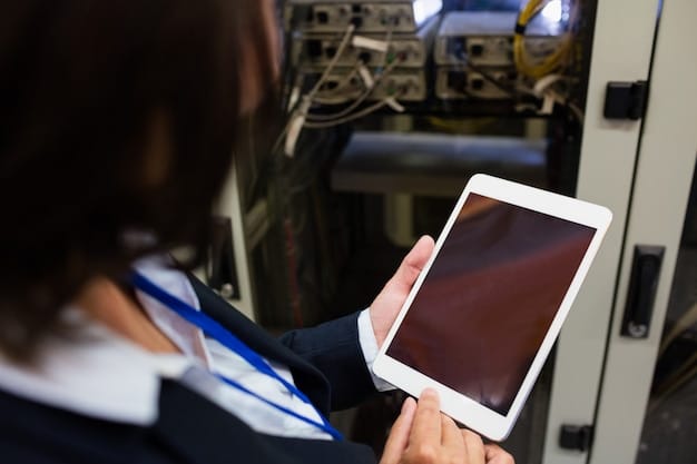 A close-up of a person inspecting a refurbished tablet, focusing on the screen and ports. The person is using a magnifying glass to check for scratches or damage, highlighting the importance of careful inspection.