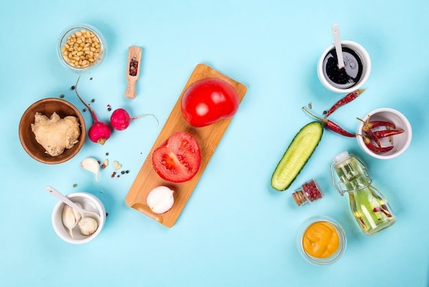 A high-angle shot of a variety of colorful and fresh ingredients laid out neatly on a wooden cutting board, along with a set of precision knives. The arrangement includes various vegetables, herbs, and fruits, creating a vibrant and inviting culinary scene