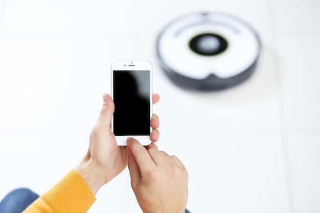 A smart home security camera with AI capabilities, showing a notification on a smartphone screen about a detected suspicious activity outside the house. The camera is mounted on a wall, overlooking a garden at night.