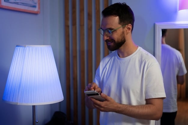 A person using a smartphone app to control smart lights around their house. The app shows different lighting scenes and schedules, highlighting the ease of use and automation features. The house is seen from the outside, with various lights turning on and off.