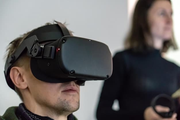 A close-up shot of a mixed reality headset, highlighting its sensors and cameras. The background is blurred, showing a person's hands interacting with virtual objects.