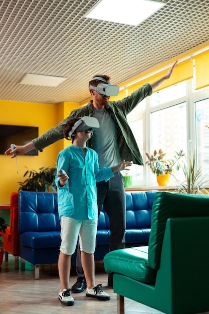 A group of people in Spain wearing mixed reality headsets, collaborating on a virtual project in a modern office space. The scene shows a blend of real and virtual elements.