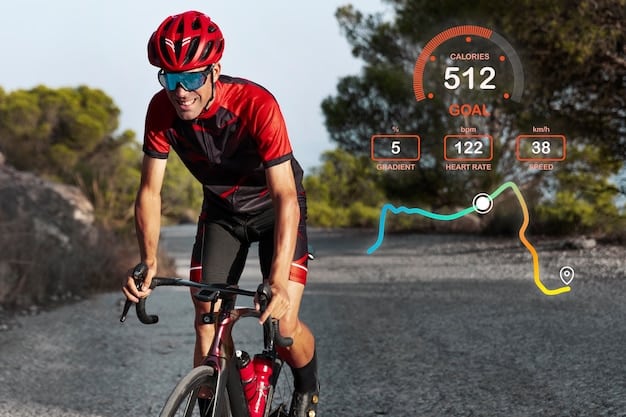 A cyclist wearing a smart cycling helmet that displays real-time performance data and GPS navigation on a small screen. The cyclist is riding on a relatively empty but scenic road.