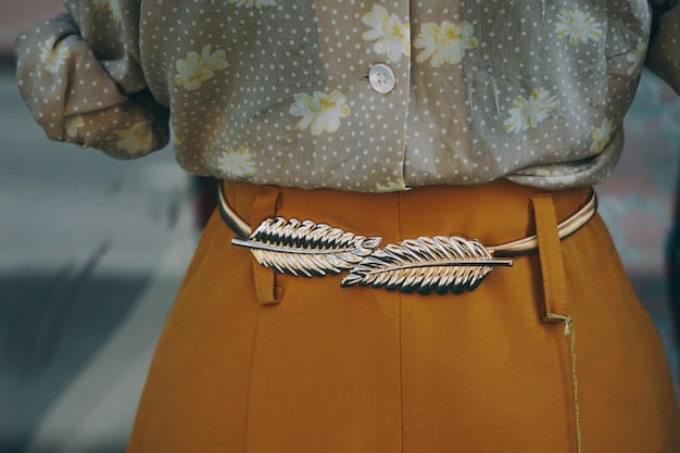 A woman wearing a stylish outfit with carefully selected accessories, including a statement belt that cinches her waist, elegant high heels that elongate her legs, and delicate jewelry that enhances her features. The background is a chic urban setting.