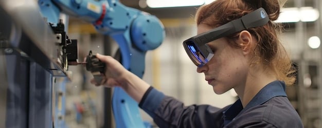 A worker wearing augmented reality glasses is inspecting a complex machine. The glasses display real-time data overlaid on the machine, providing detailed information about its performance and maintenance requirements.