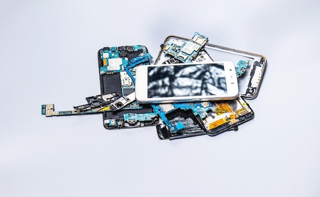 A disassembled smartphone with various components laid out, highlighting the complexity of recycling electronic devices.