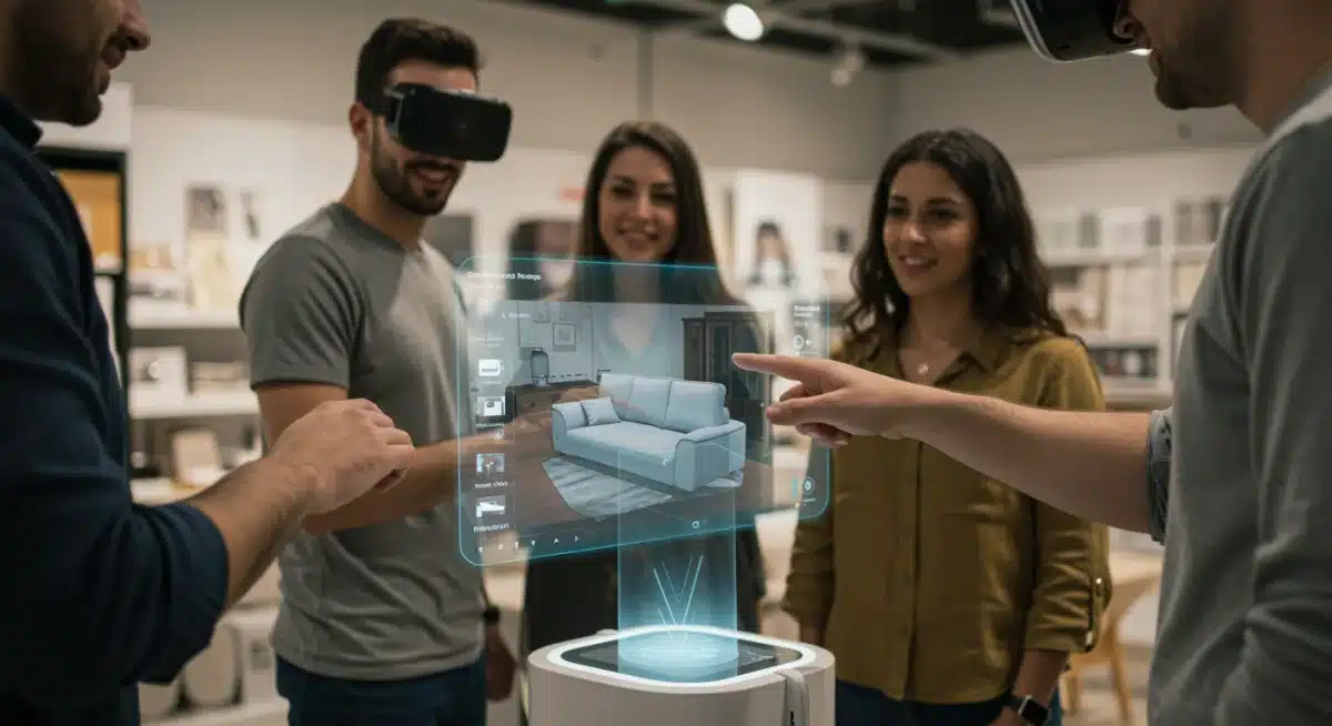 Amigos usando un dispositivo de realidad aumentada para visualizar muebles en su hogar antes de comprarlos en una tienda española.