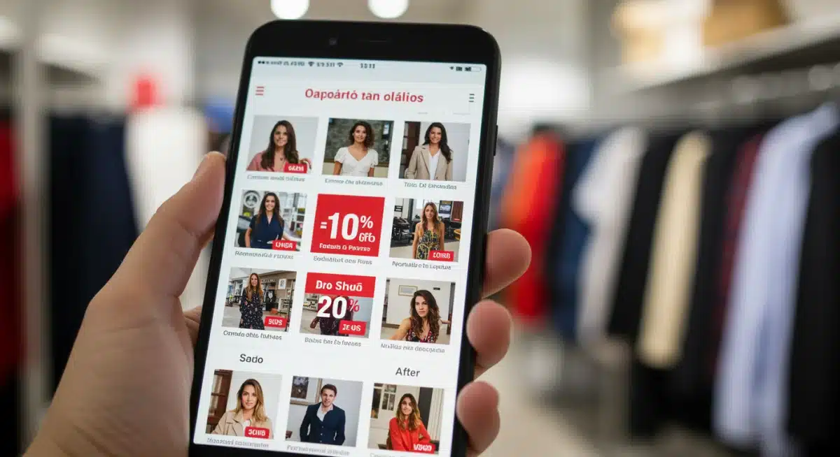 Pantalla de smartphone con carrito de compra online de moda en rebajas, mostrando descuentos y ofertas.