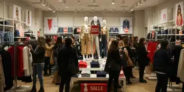 Mujer y hombre comprando ropa en rebajas de fin de temporada en una tienda de moda en España, con carteles de hasta el 50% de descuento.