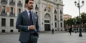 Hombre elegante con traje a medida español de invierno en 2025, destacando la personalización.