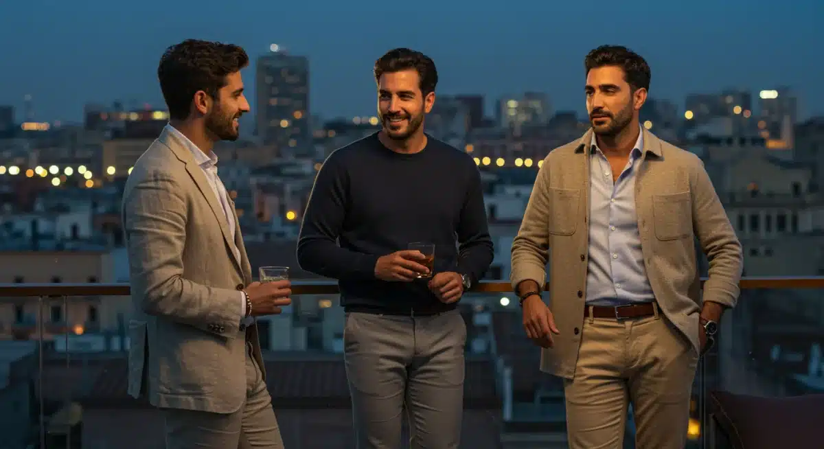 Grupo de hombres españoles con siluetas informales para eventos nocturnos en azotea