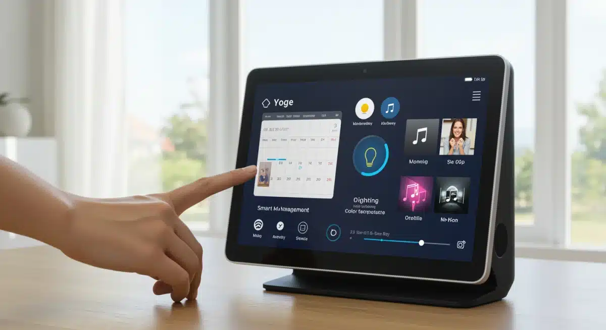 Hub de hogar inteligente mostrando integraciones de asistentes de voz para gestión de calendario, luces y música, automatizando tareas diarias.