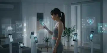 Persona interactuando con múltiples asistentes de voz avanzados en un entorno doméstico inteligente y futurista, con interfaces holográficas.