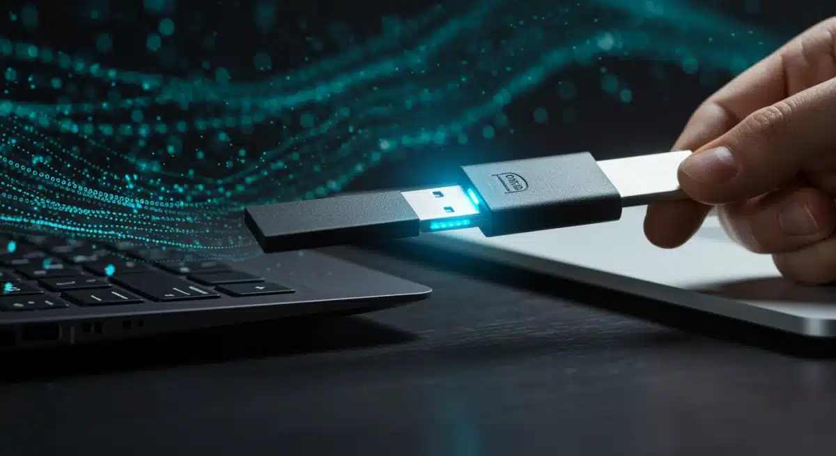 Llave de seguridad de hardware moderna conectada a un portátil para autenticación.