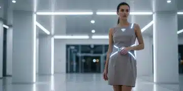 Mujer elegante con vestido inteligente futurista que incorpora tecnología y estilo para 2025.