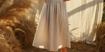 Mujer vistiendo un vestido de lino elegante y cómodo en un entorno natural soleado.