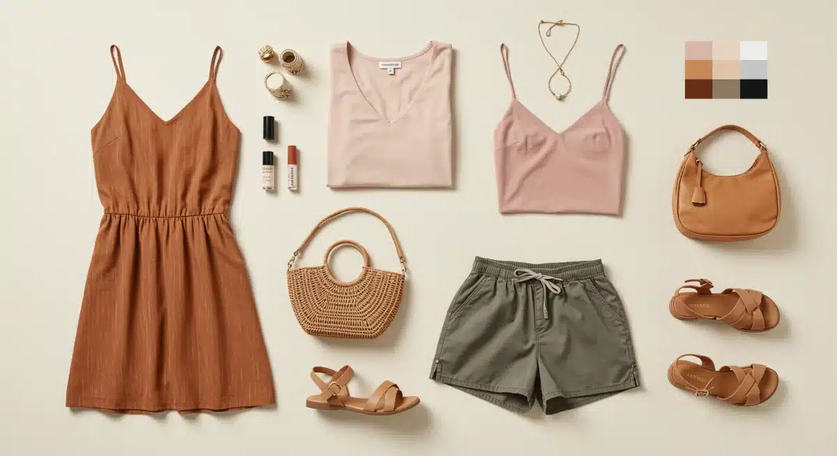 Paleta de colores de verano 2025 para vestuario femenino en un flat lay