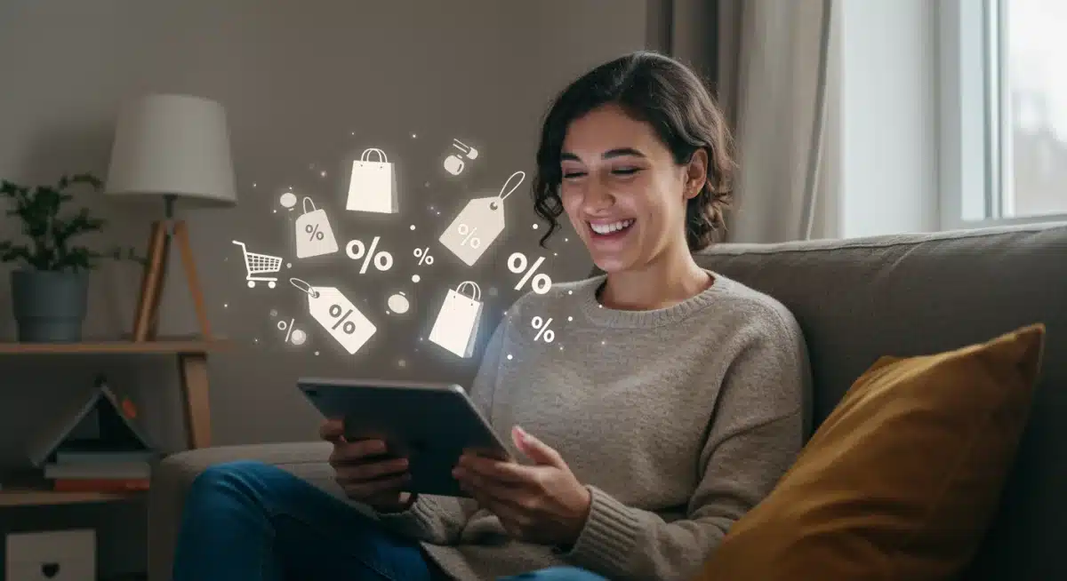Persona navegando felizmente en un dispositivo móvil, rodeada de iconos de descuento y bolsas de compra, simbolizando la facilidad de acceder a ofertas exclusivas online.