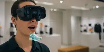 Persona probándose ropa virtualmente con gafas de realidad aumentada en una tienda en España, mostrando la integración de la tecnología en la experiencia de compra.