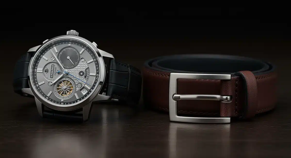 Primer plano de un reloj automático de alta gama y un cinturón de cuero de calidad, símbolos de accesorios masculinos esenciales.