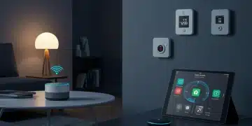 Salón moderno con dispositivos de hogar inteligente integrados, mostrando comodidad y eficiencia.