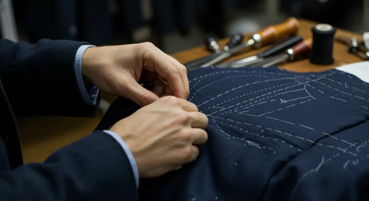 Detalle de sastre trabajando en un traje de invierno a medida, mostrando la artesanía.