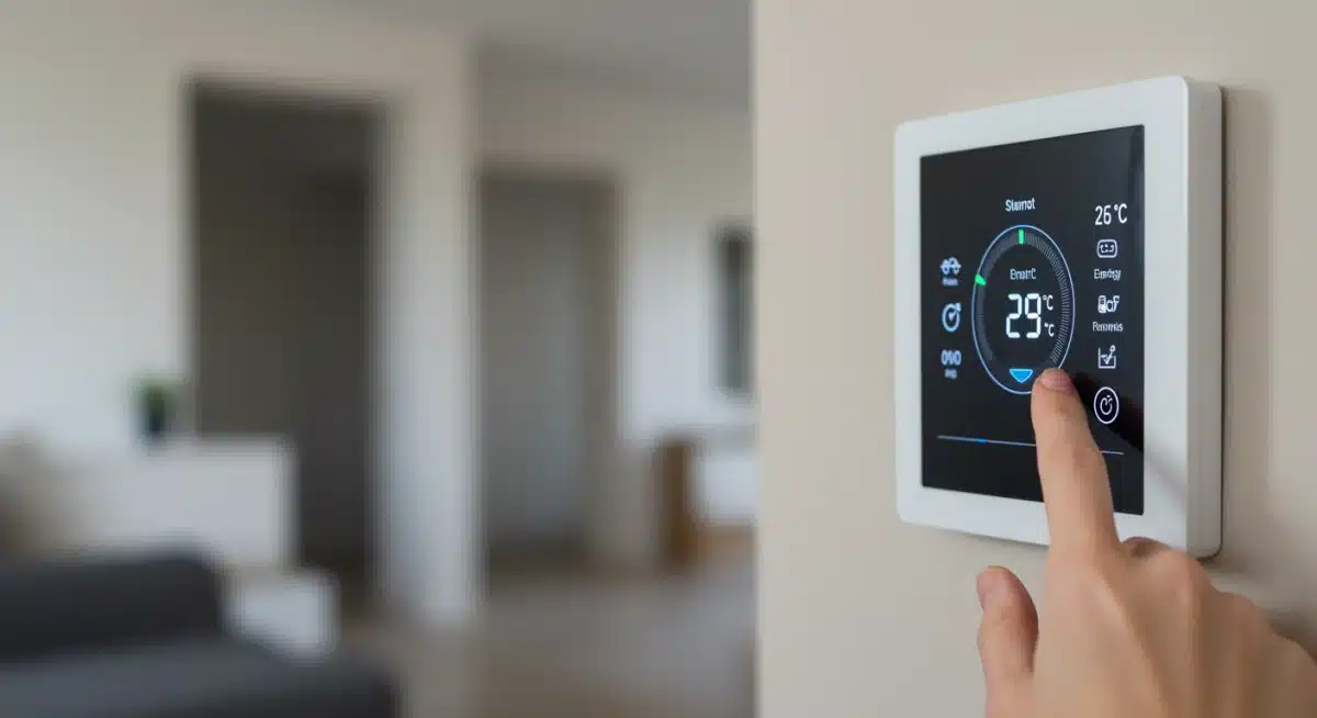 Mano ajustando un termostato inteligente en la pared, mostrando eficiencia energética.