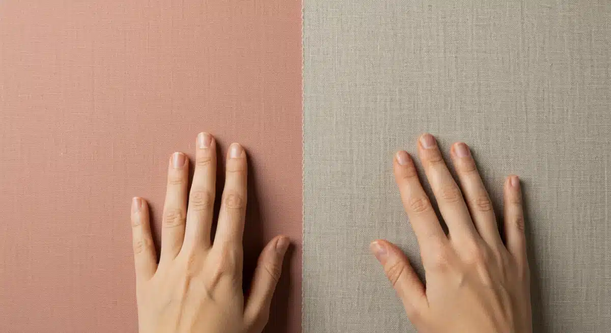 Primer plano de manos tocando muestras de tejido de lino y algodón orgánico.