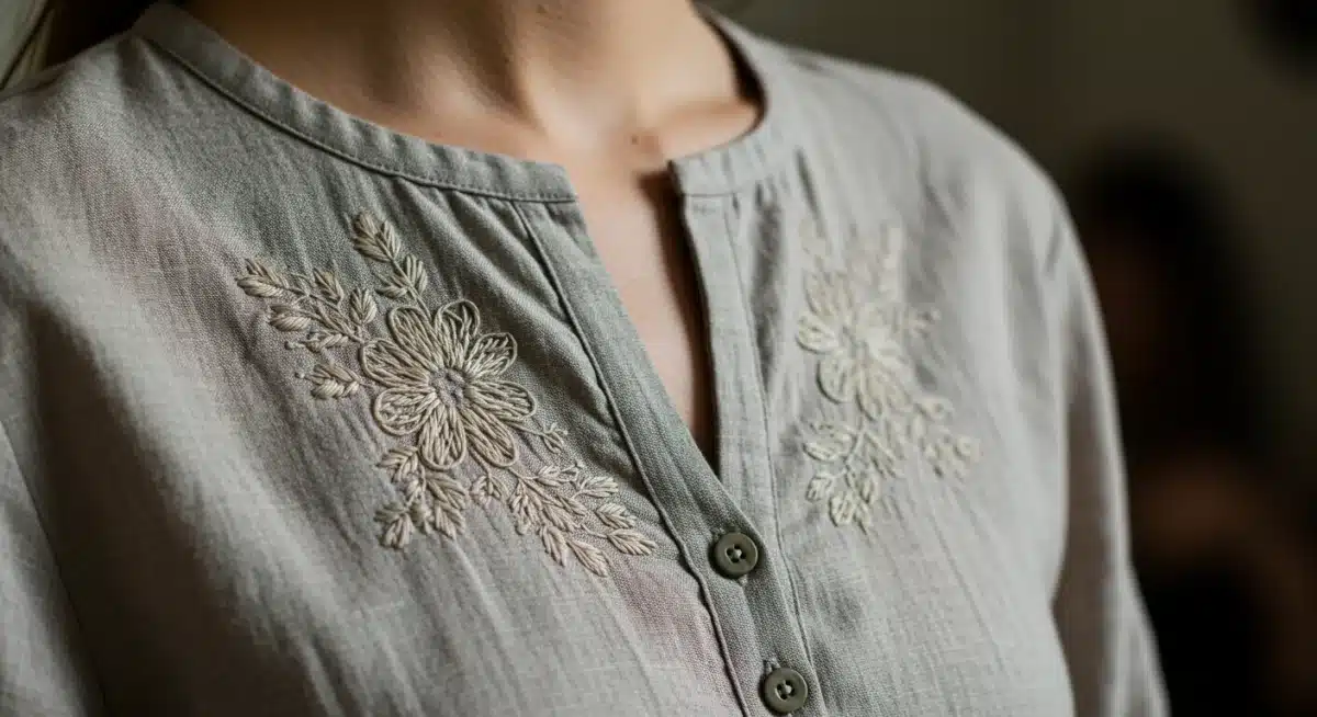 Detalle de bordados y tejidos sostenibles en blusa minimalista, reflejando tendencias eco-conscientes.