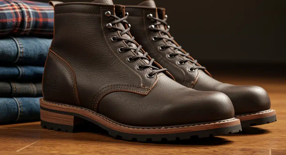 Botas de trabajo robustas de cuero marrón oscuro, con costuras visibles y suela fuerte, junto a jeans y camisa de franela, ideal para otoño.
