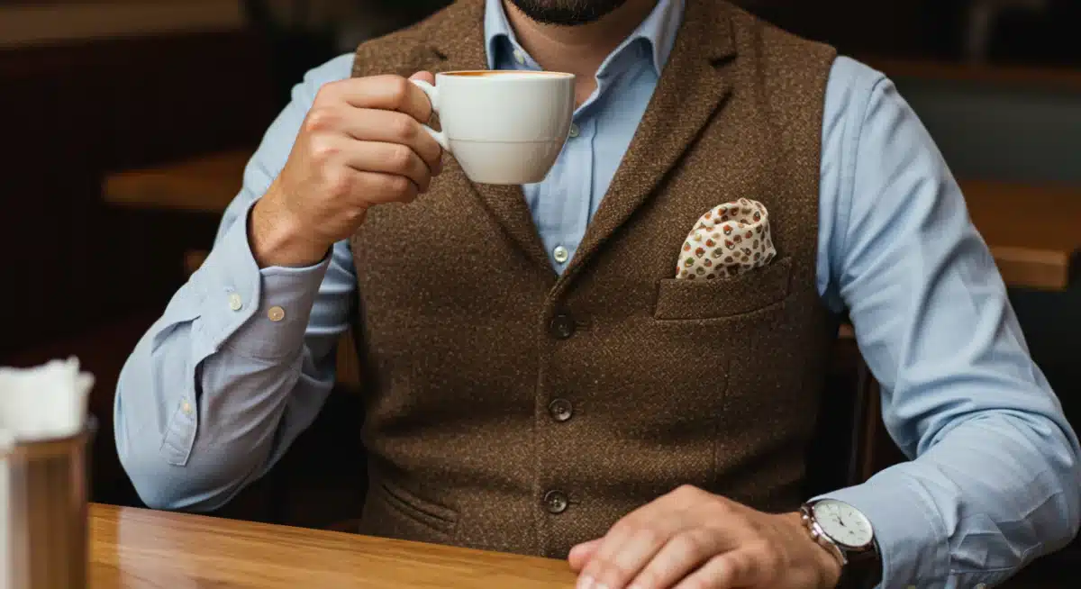 Detalle de un hombre en una cafetería, luciendo un chaleco de tweed sobre una camisa Oxford, mostrando un estilo casual chic.