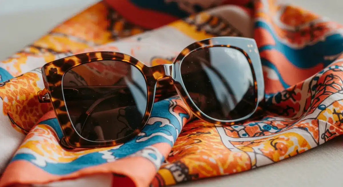 Gafas de sol geométricas y pañuelo de seda con estampado vibrante