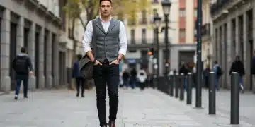 Hombre elegante con chaleco de lana gris caminando por la ciudad, combinando estilo y funcionalidad en su atuendo diario.