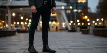 Hombre elegante con botas Chelsea de cuero negro, jeans ajustados y blazer en un entorno urbano otoñal, mostrando tendencia de moda masculina.