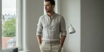 Hombre joven con ropa de moda masculina sostenible española, en un entorno urbano y moderno.